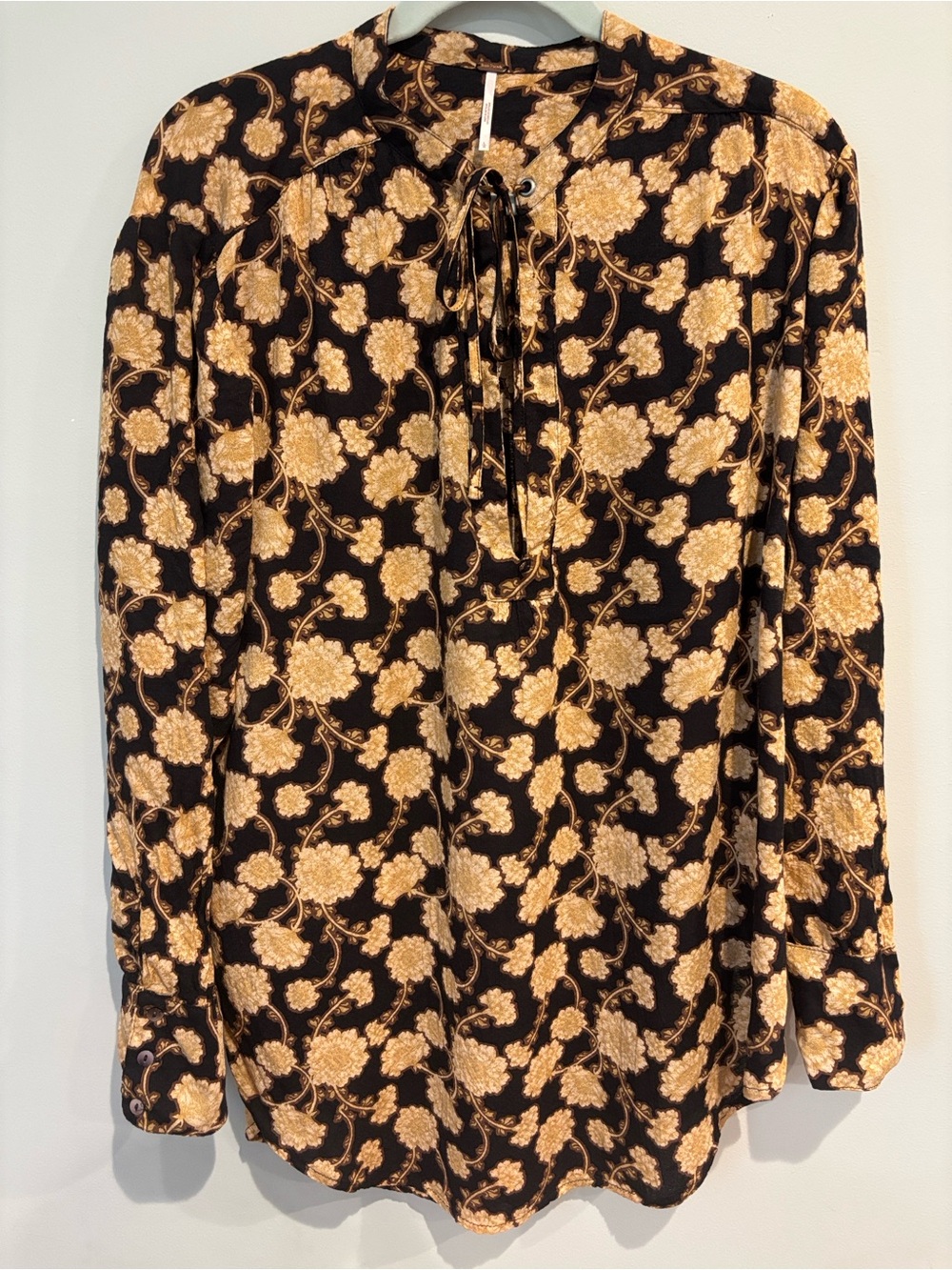 Free People Mia Tunic Dark Floral Whimsigoth Tie Neck Boho 70’s Top L